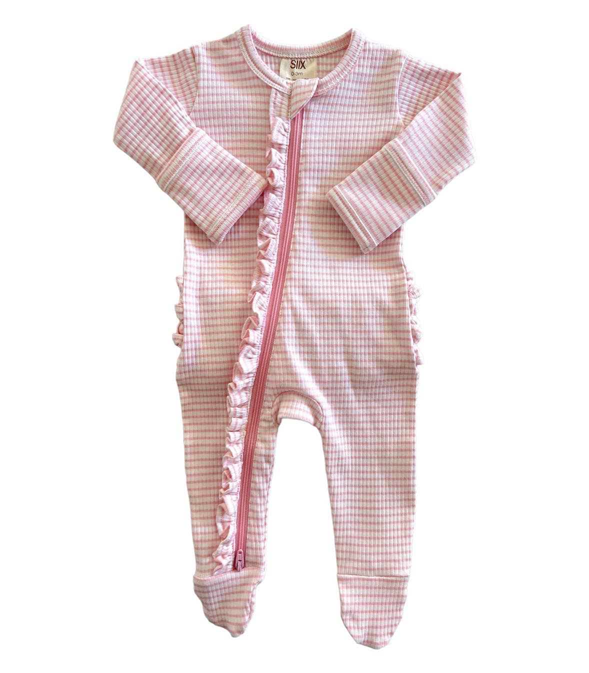 Pink Stripe / Organic Ribbed Frill Zip Footie: 0-3M