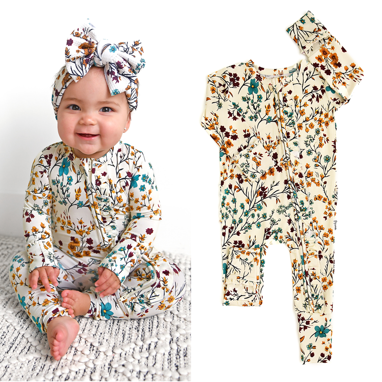 Maren Floral RUFFLE ZIP Bamboo Sleepies Little Baby Outfit: 3-6m