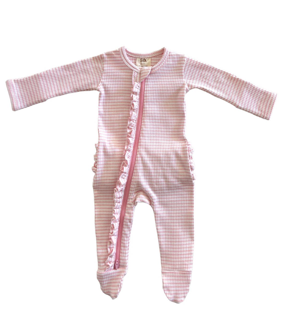 Pink Stripe / Organic Ribbed Frill Zip Footie: NB
