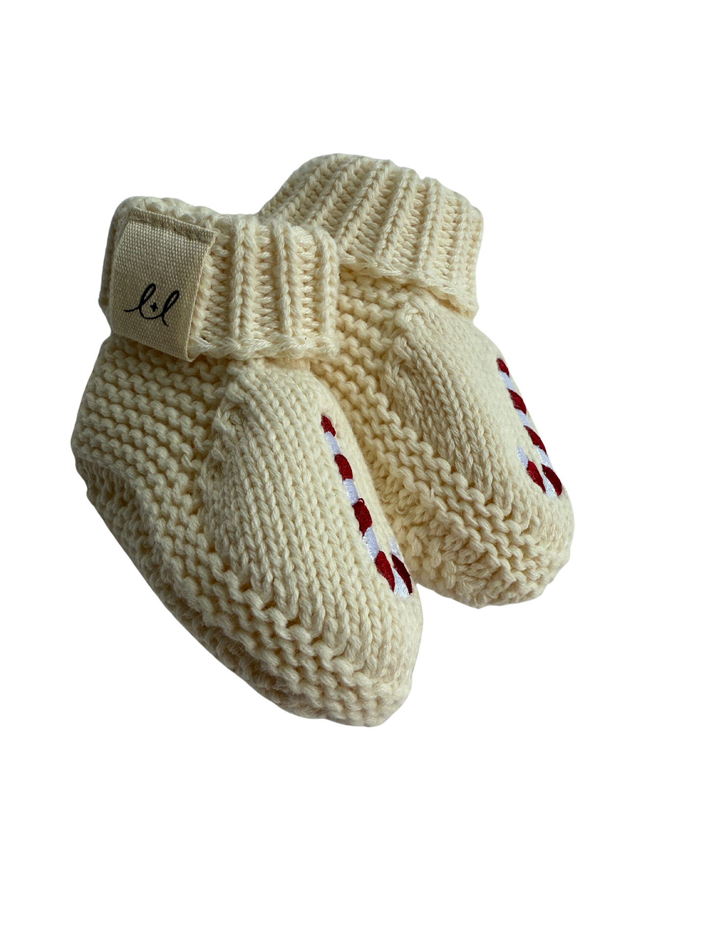 Organic Cotton Baby Booties – Candy Cane Embroidered Knit | Cream