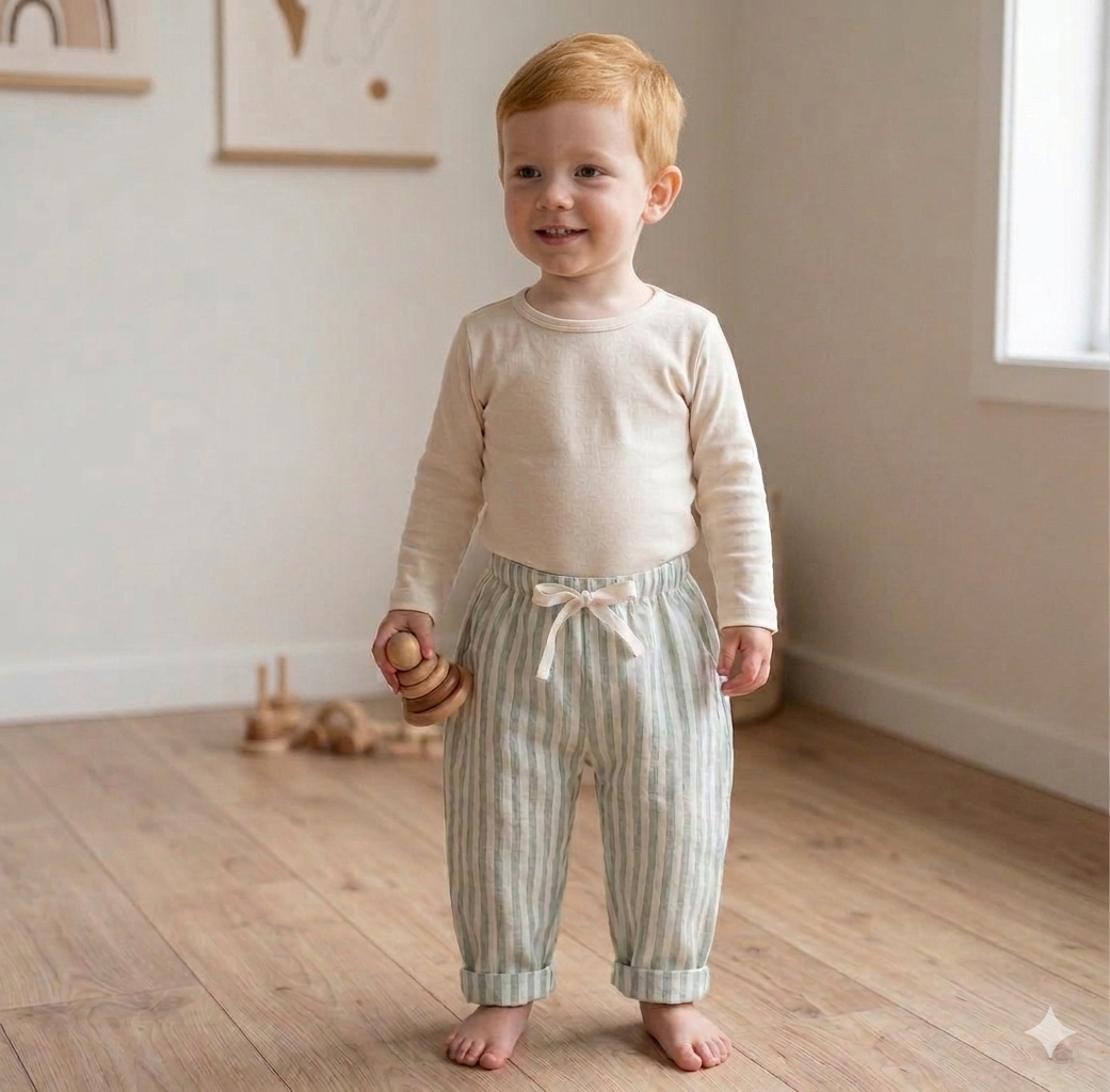 100 % Cotton Stripe Pant - Sage: 6-12 Months