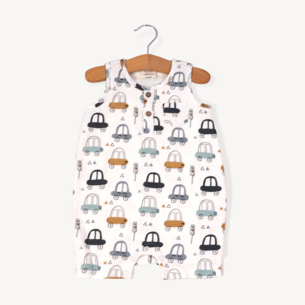Cars henley organic cotton baby romper — organic baby boy clothes at Coco Baby Organics