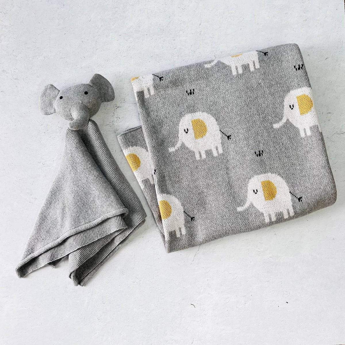 Elephant jacquard knit baby blanket and lovey gift set at Coco Baby Organics
