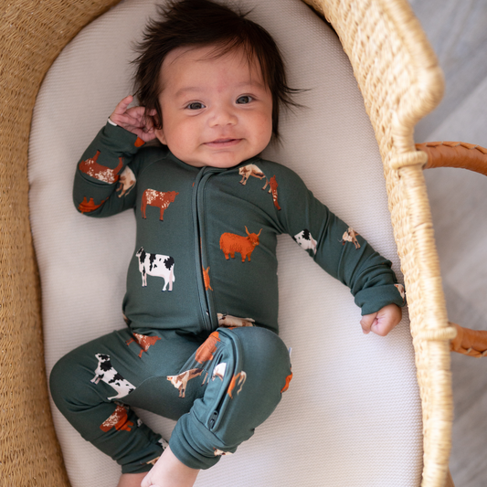 Bamboo Zip Convertible Romper – Green Cow | Ultra-Soft Baby Pajamas