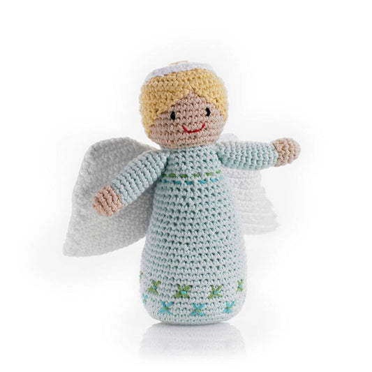 Turquoise Angel Rattle – Handmade Organic Cotton Baby Keepsake