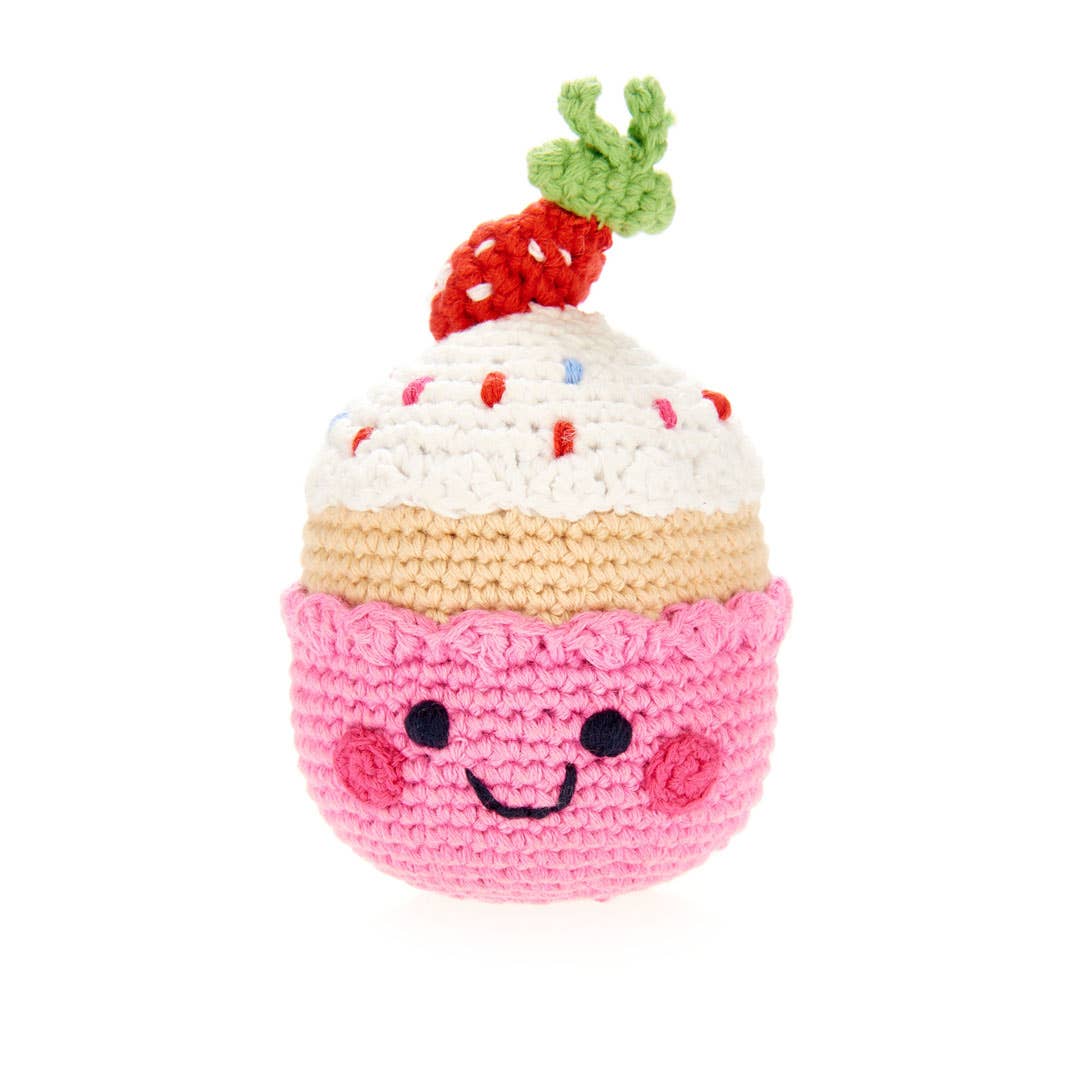 Handmade Strawberry Cupcake Baby Rattle - Organic Cotton Toy