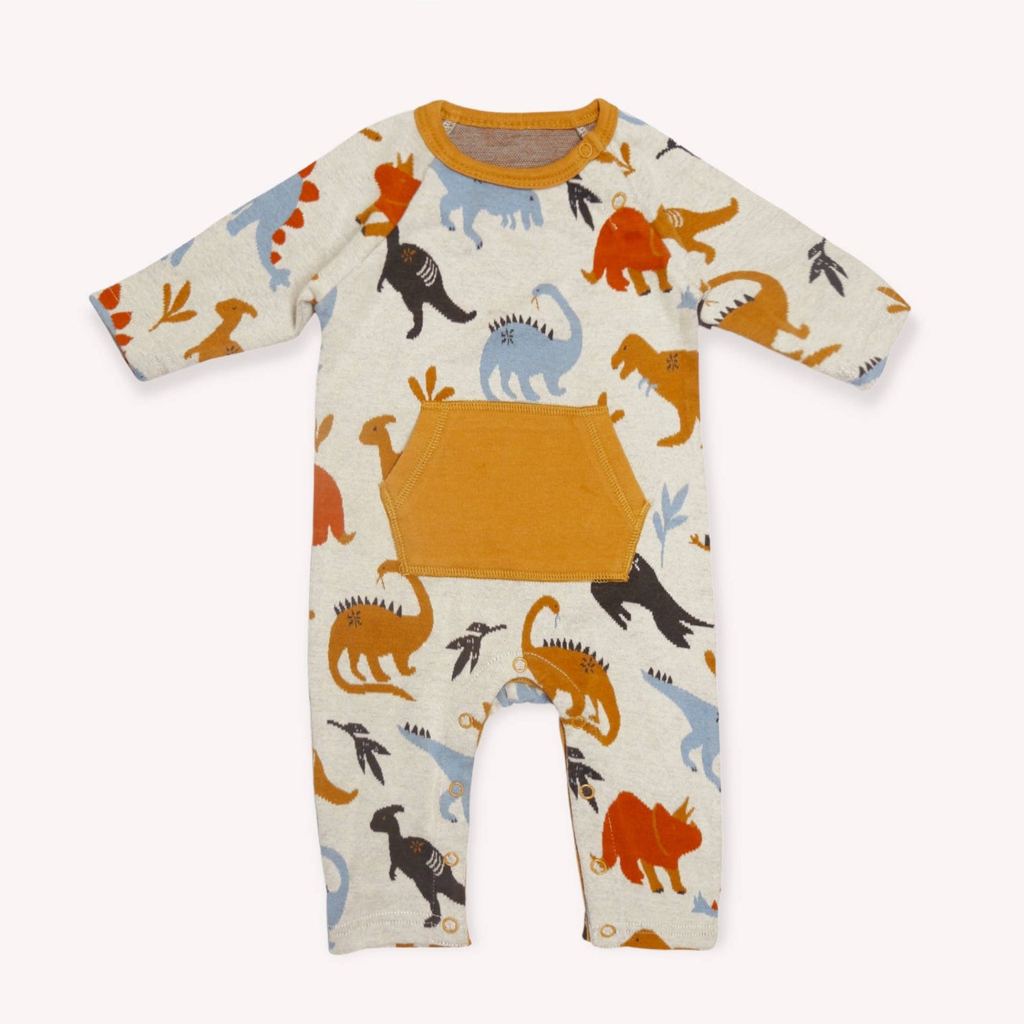 Dino Kangaroo Pocket Jacquard Baby Jumpsuit (Organic Cotton): Oatmeal / 0-3M
