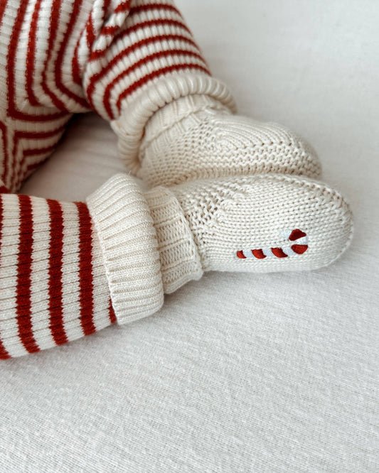 Organic Cotton Baby Booties – Candy Cane Embroidered Knit | Cream