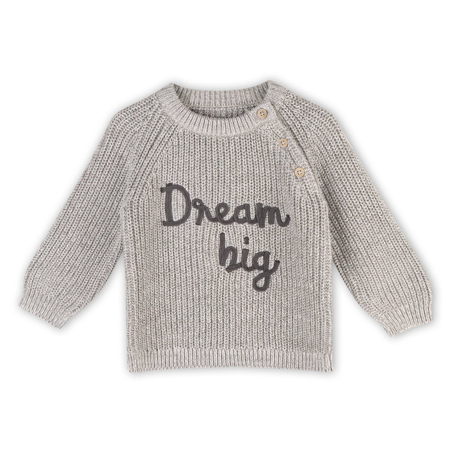 Organic Cotton Chunky Knit Baby Sweater – Dream Big Embroidery | Heather Grey