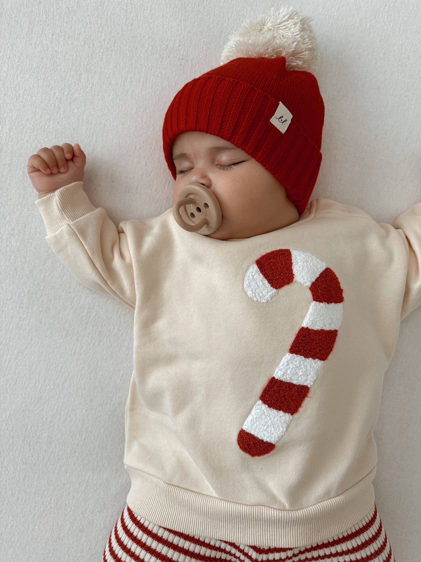 Candy Cane Chenille Baby Pullover – Organic Cotton French Terry | Cream