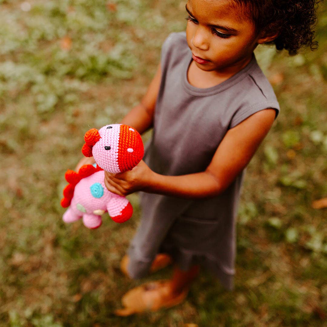 Handmade Stegosaurus Baby Rattle | Organic Cotton | Pink