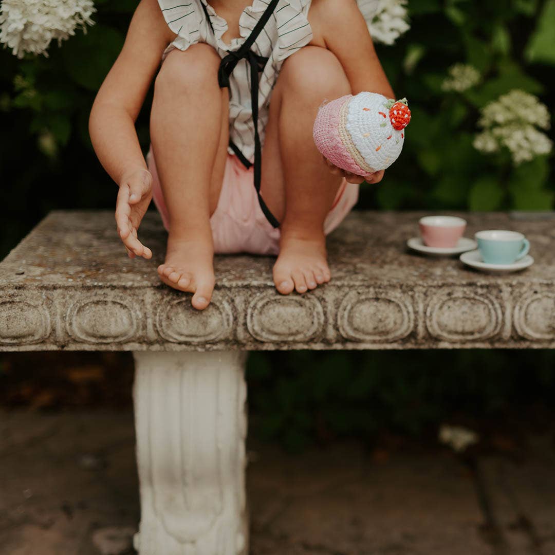 Handmade Strawberry Cupcake Baby Rattle - Organic Cotton Toy