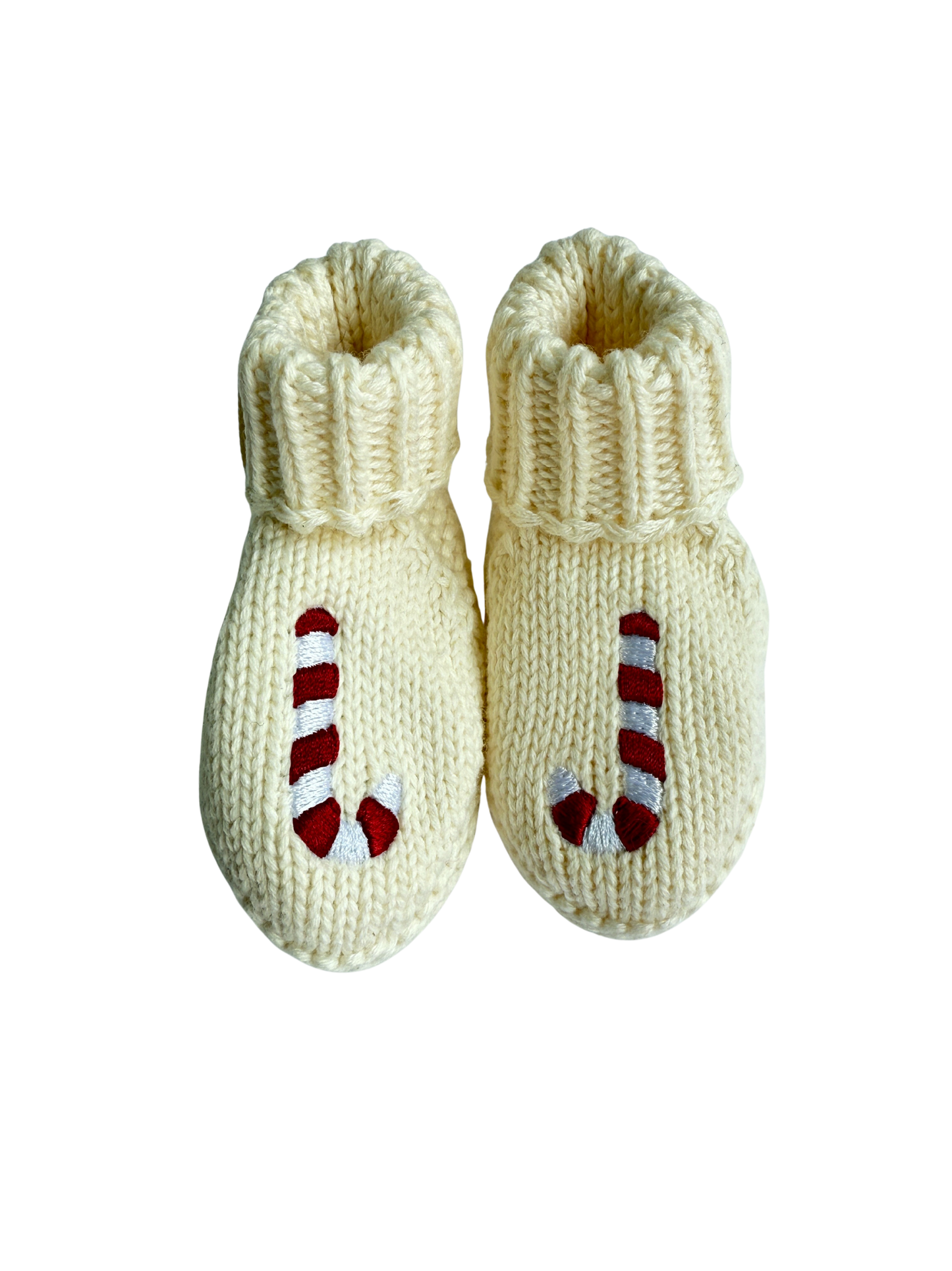 Organic Cotton Baby Booties – Candy Cane Embroidered Knit | Cream