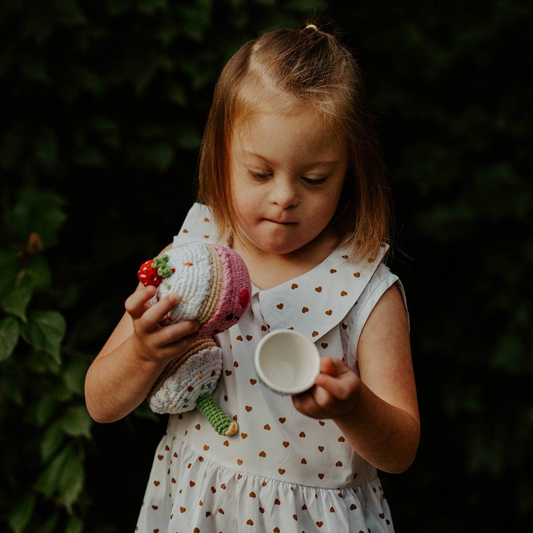 Handmade Strawberry Cupcake Baby Rattle - Organic Cotton Toy