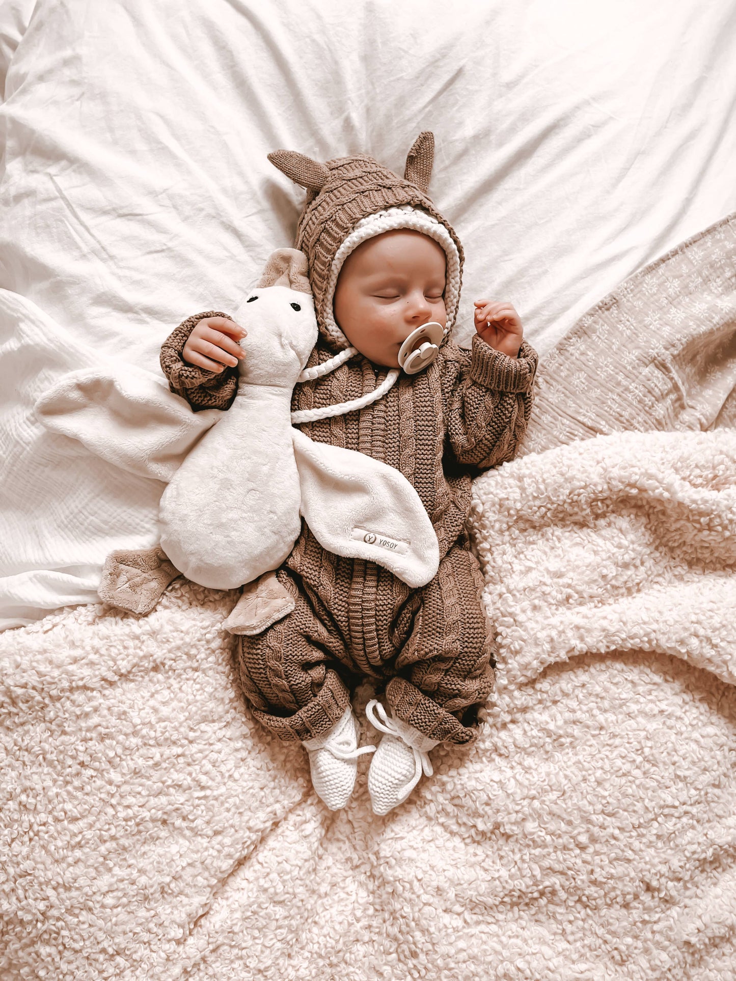 Organic Cotton Baby Bear Cable Knit Jumpsuit - Acorn + Heather Beige