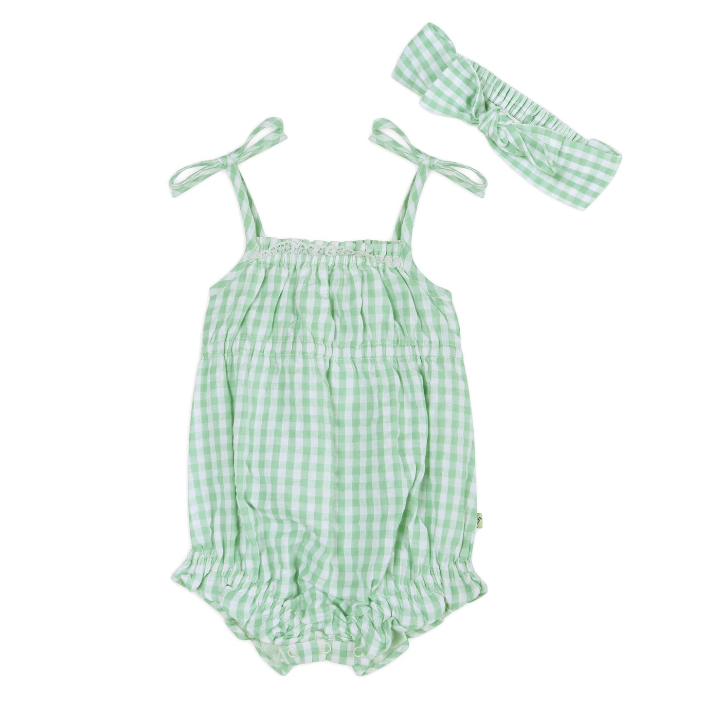 Forest Gingham Baby Romper + Headband -100% Organic Cotton Set