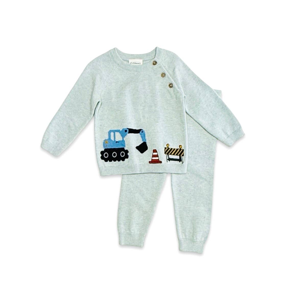 Construction Truck Embroidered Knit Baby Pullover & Pant SET: Blue Heather / 6-12M
