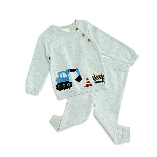 Construction Truck Embroidered Knit Baby Pullover & Pant SET: Blue Heather / 6-12M