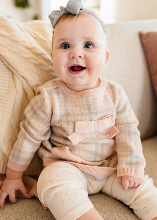 Sophie Bow Checkered Organic Cotton Sweater Knit Baby Dress