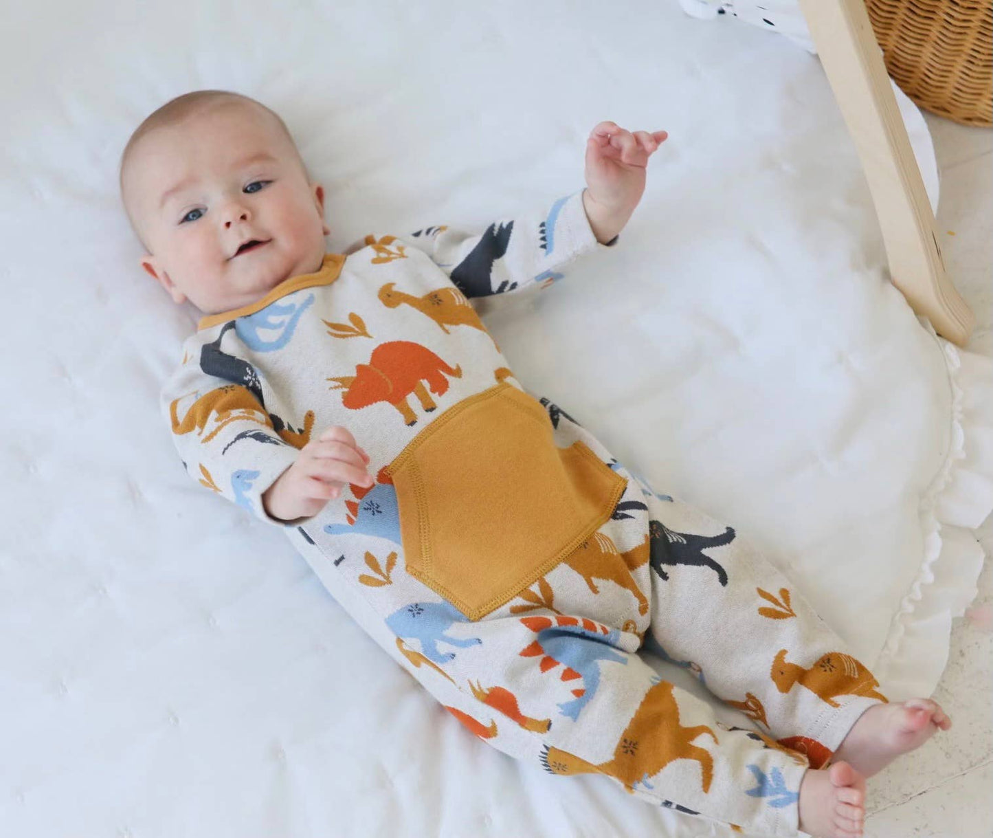 Dino Kangaroo Pocket Jacquard Baby Jumpsuit (Organic Cotton): Oatmeal / 6-12M