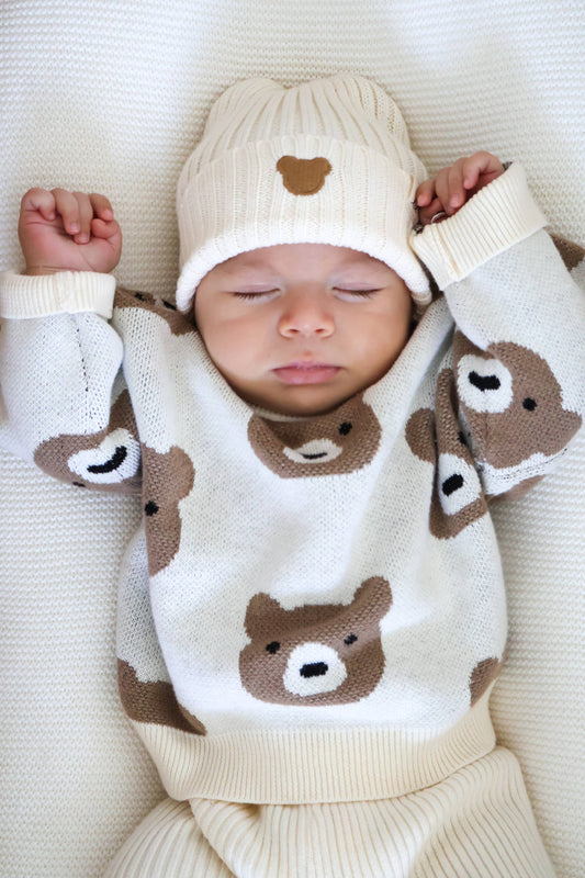 Organic Cotton Little Bear Jacquard Baby Sweater – Cream