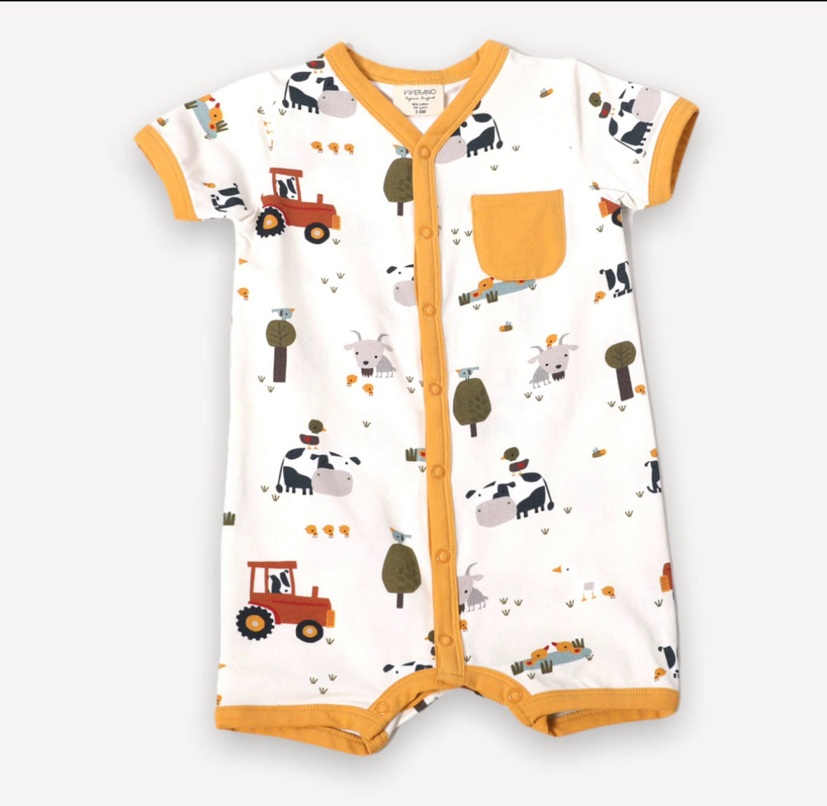 Farm animal print organic cotton baby romper by Viverano