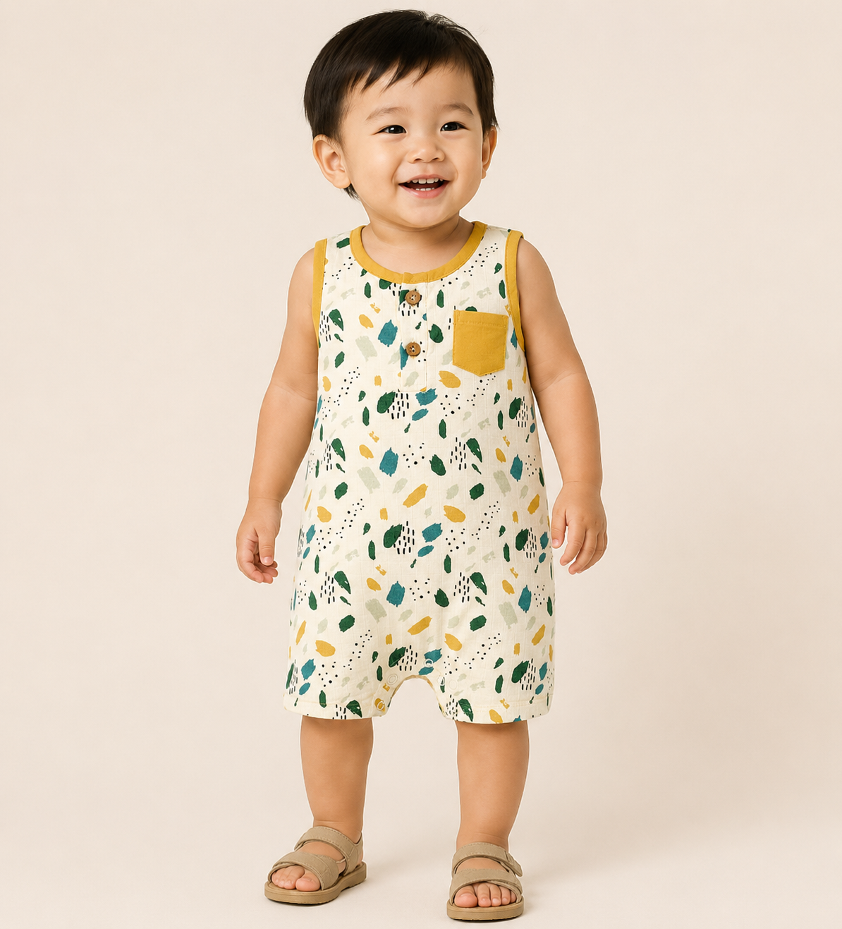 Lightweight sleeveless organic muslin baby romper by Viverano