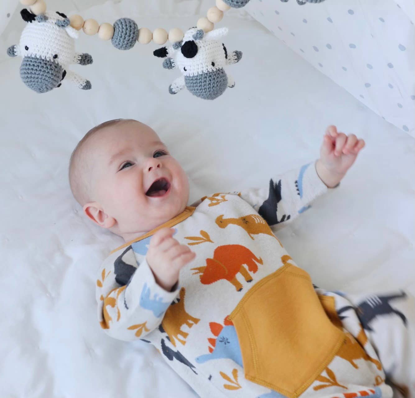 Dino Kangaroo Pocket Jacquard Baby Jumpsuit (Organic Cotton): Oatmeal / 6-12M