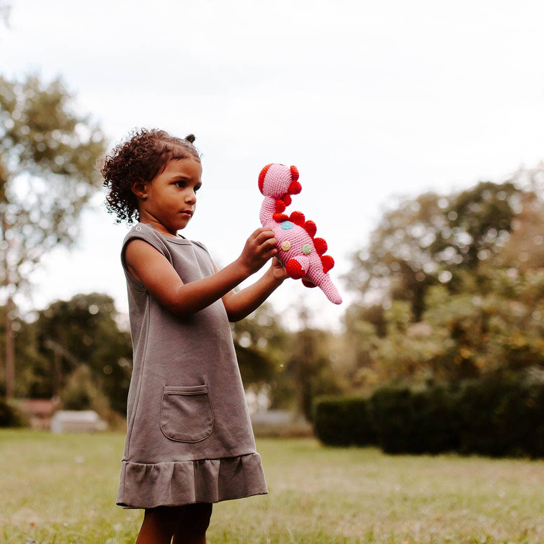 Handmade Stegosaurus Baby Rattle | Organic Cotton | Pink