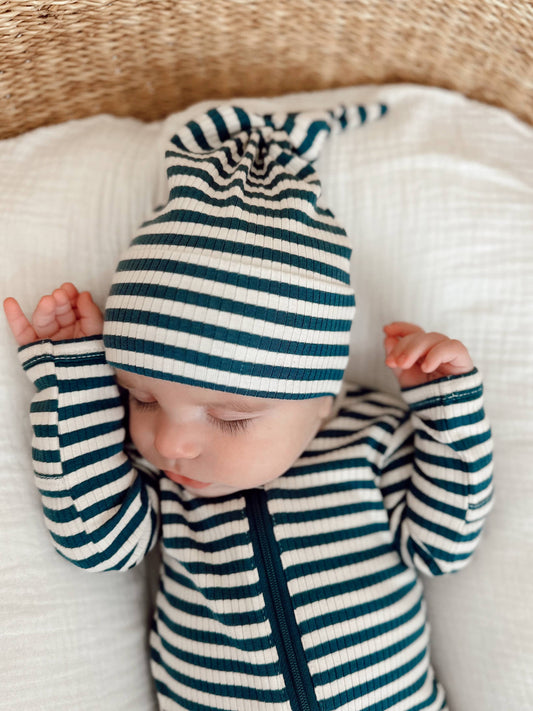 Steel Blue Stripe / Organic Ribbed Beanie: ONE SIZE
