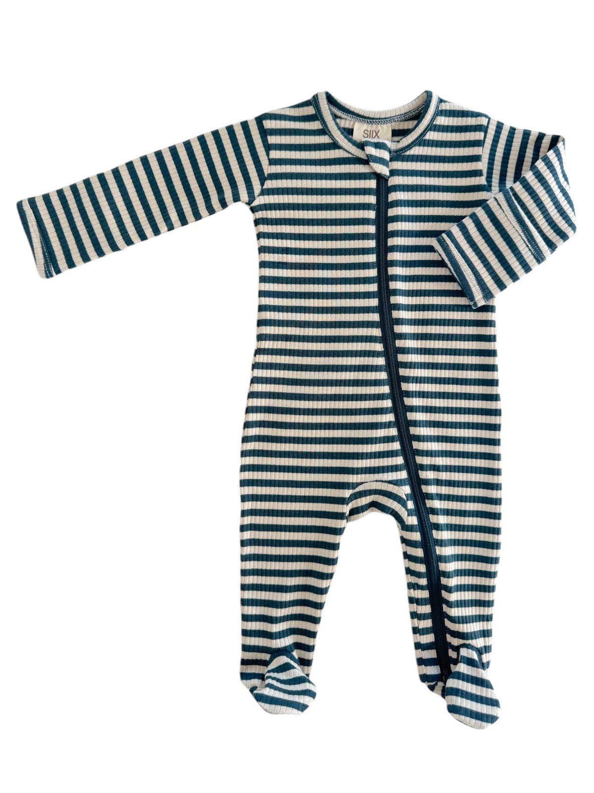 Steel Blue Stripe / Organic Ribbed Zip Footie: NB