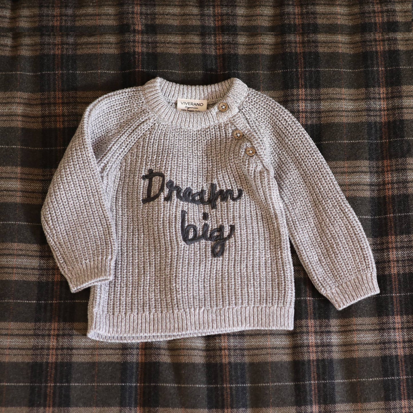 Organic Cotton Chunky Knit Baby Sweater – Dream Big Embroidery | Heather Grey