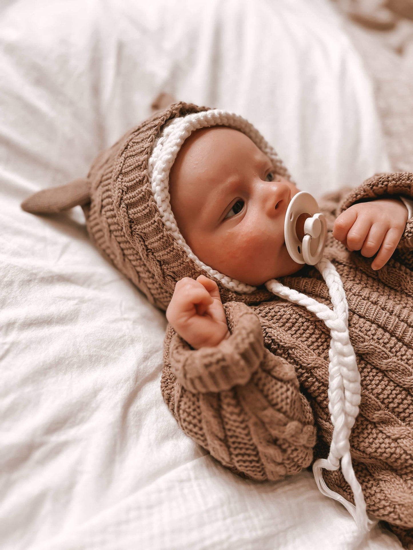 Organic Cotton Baby Bear Cable Knit Jumpsuit - Acorn + Heather Beige