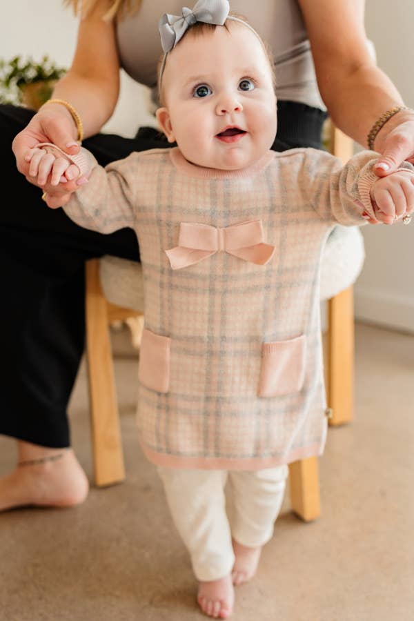 Sophie Bow Checkered Organic Cotton Sweater Knit Baby Dress