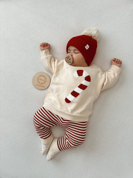 Candy Cane Chenille Baby Pullover – Organic Cotton French Terry | Cream