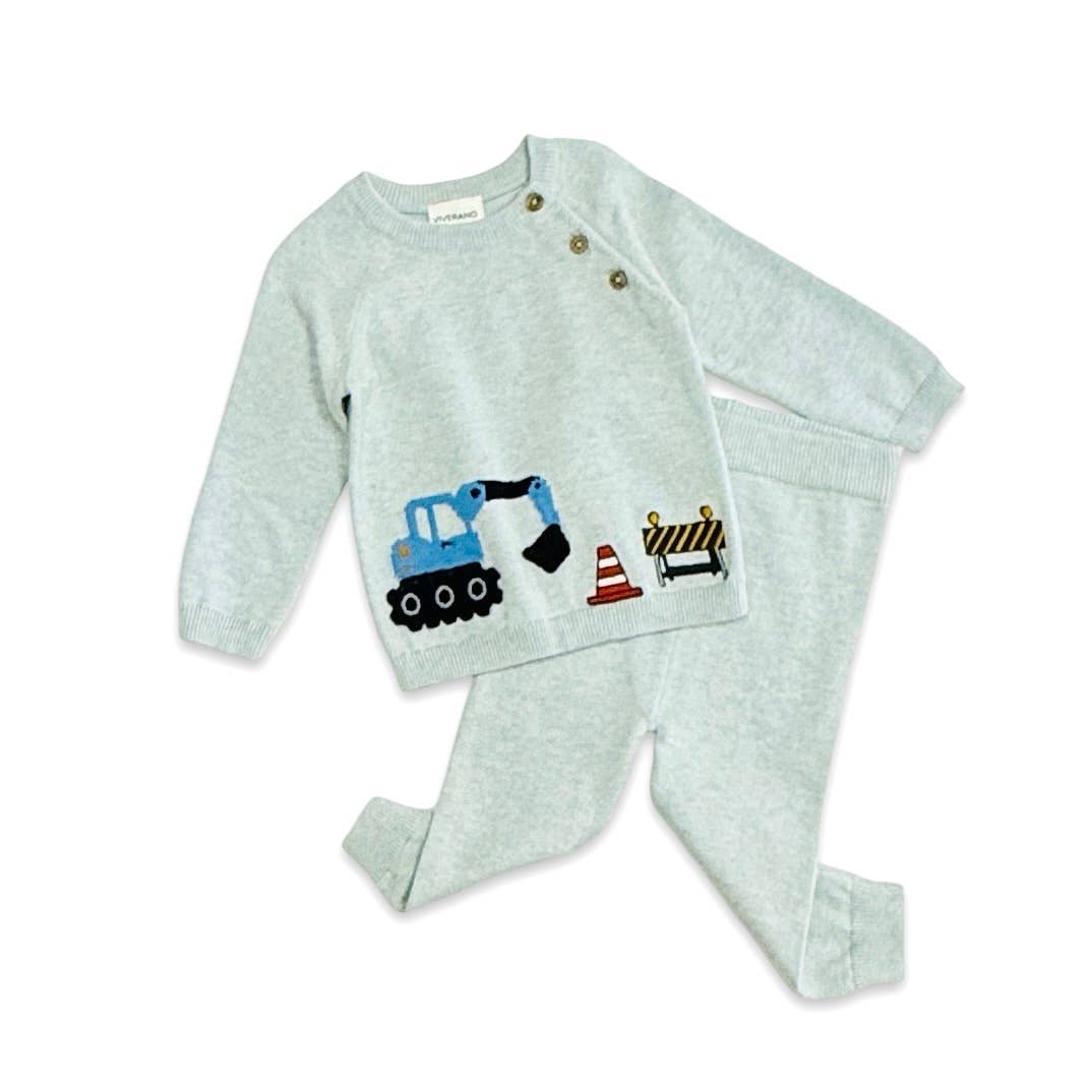 Organic Cotton Baby Pullover & Pant Set – Construction Truck Embroidered Knit