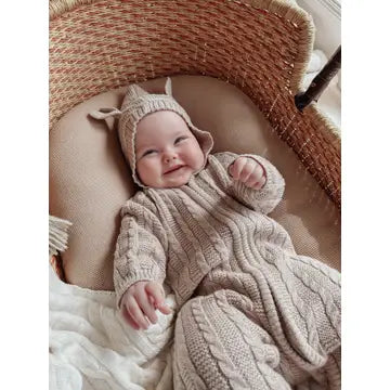 Organic Cotton Baby Bear Cable Knit Jumpsuit - Acorn + Heather Beige