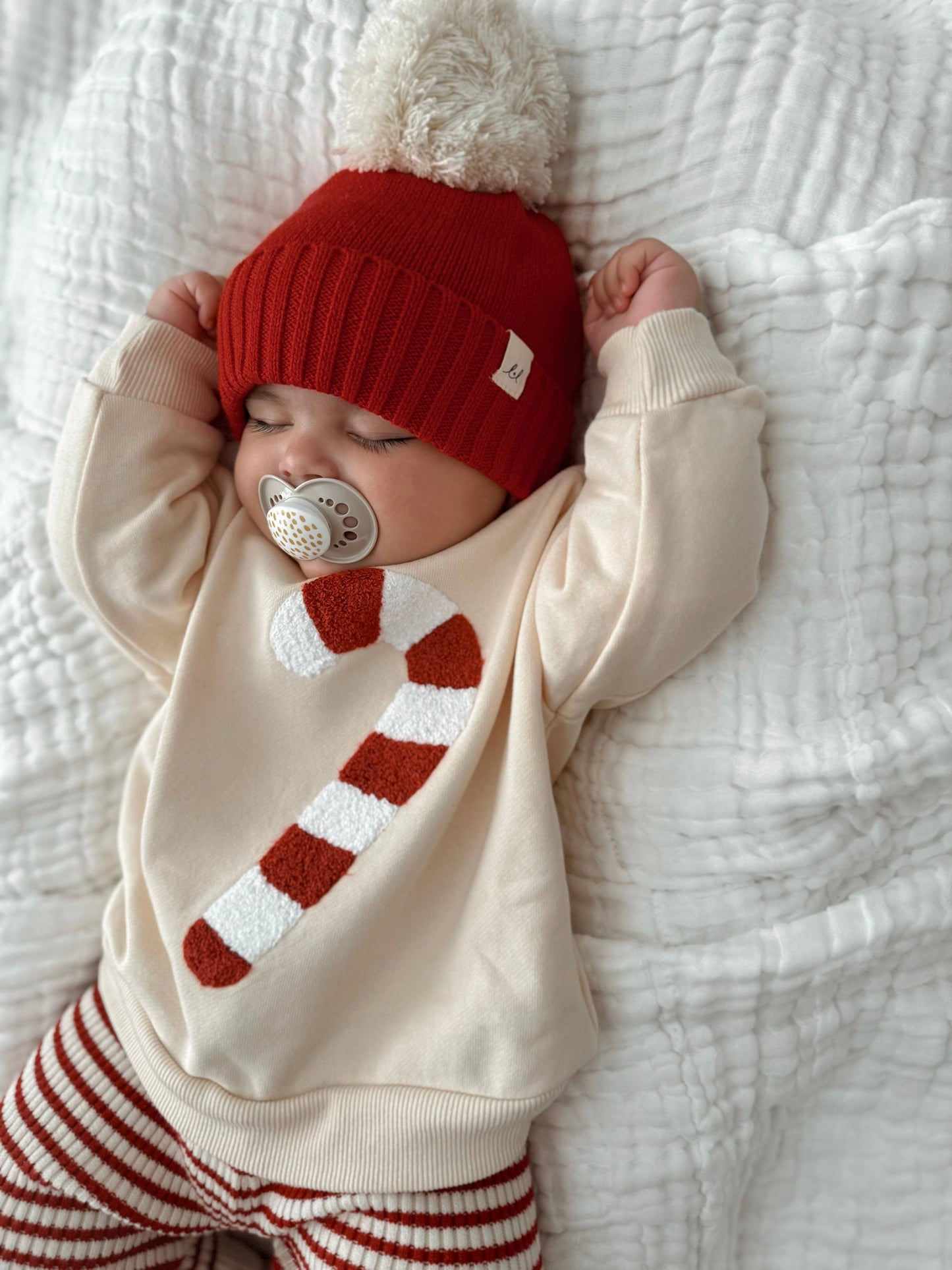 Candy Cane Chenille Baby Pullover – Organic Cotton French Terry | Cream
