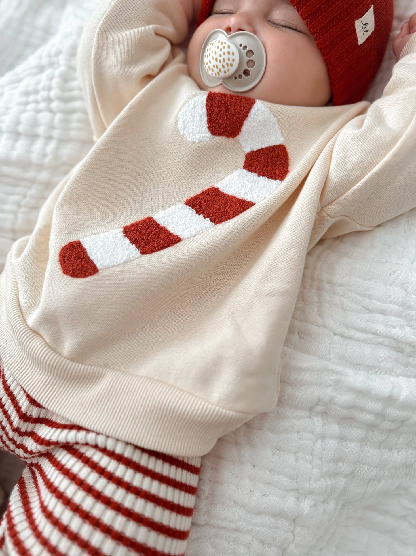 Candy Cane Chenille Baby Pullover – Organic Cotton French Terry | Cream