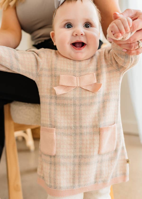 Sophie Bow Checkered Organic Cotton Sweater Knit Baby Dress