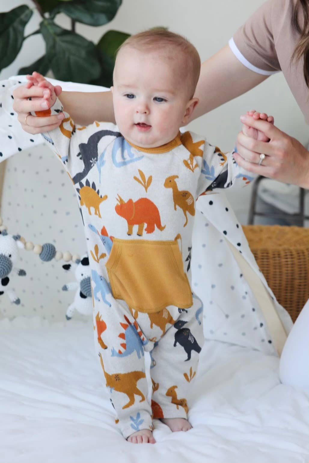 Dino Kangaroo Pocket Jacquard Baby Jumpsuit (Organic Cotton): Oatmeal / 3-6M