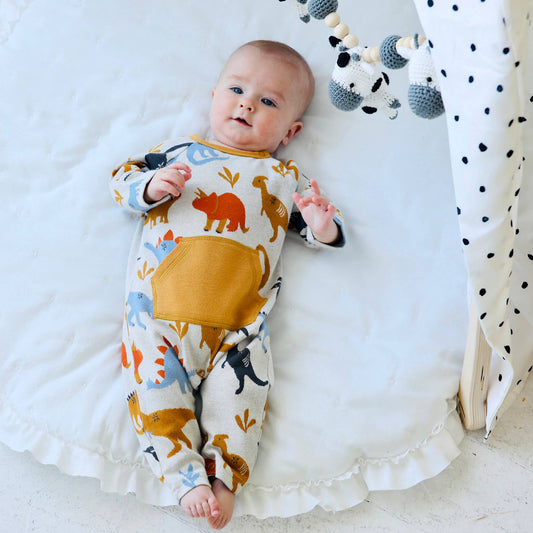 Dino Kangaroo Pocket Jacquard Baby Jumpsuit (Organic Cotton): Oatmeal / 6-12M