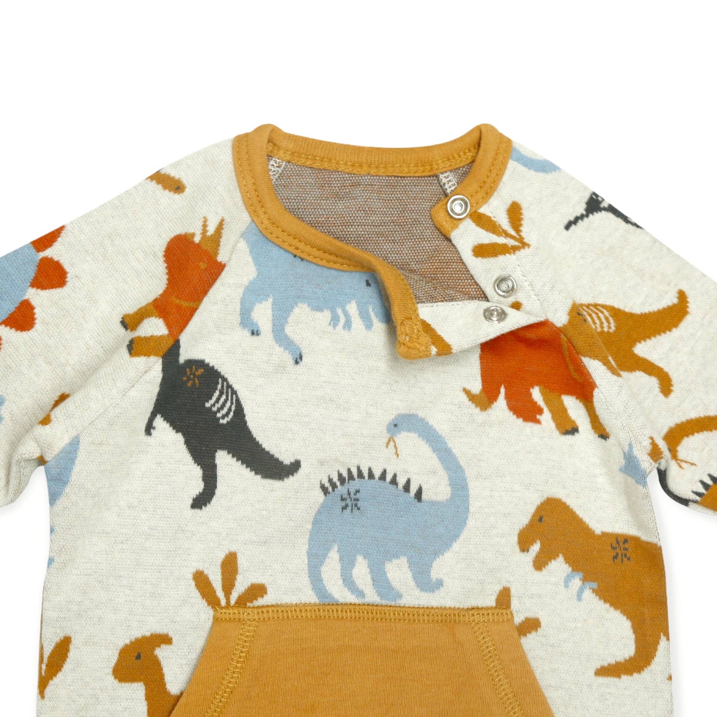 Dino Kangaroo Pocket Jacquard Baby Jumpsuit (Organic Cotton): Oatmeal / 0-3M