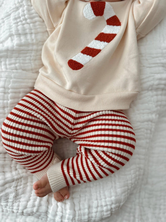 Organic Cotton Candy Cane Striped Baby Leggings – Cream & Holly