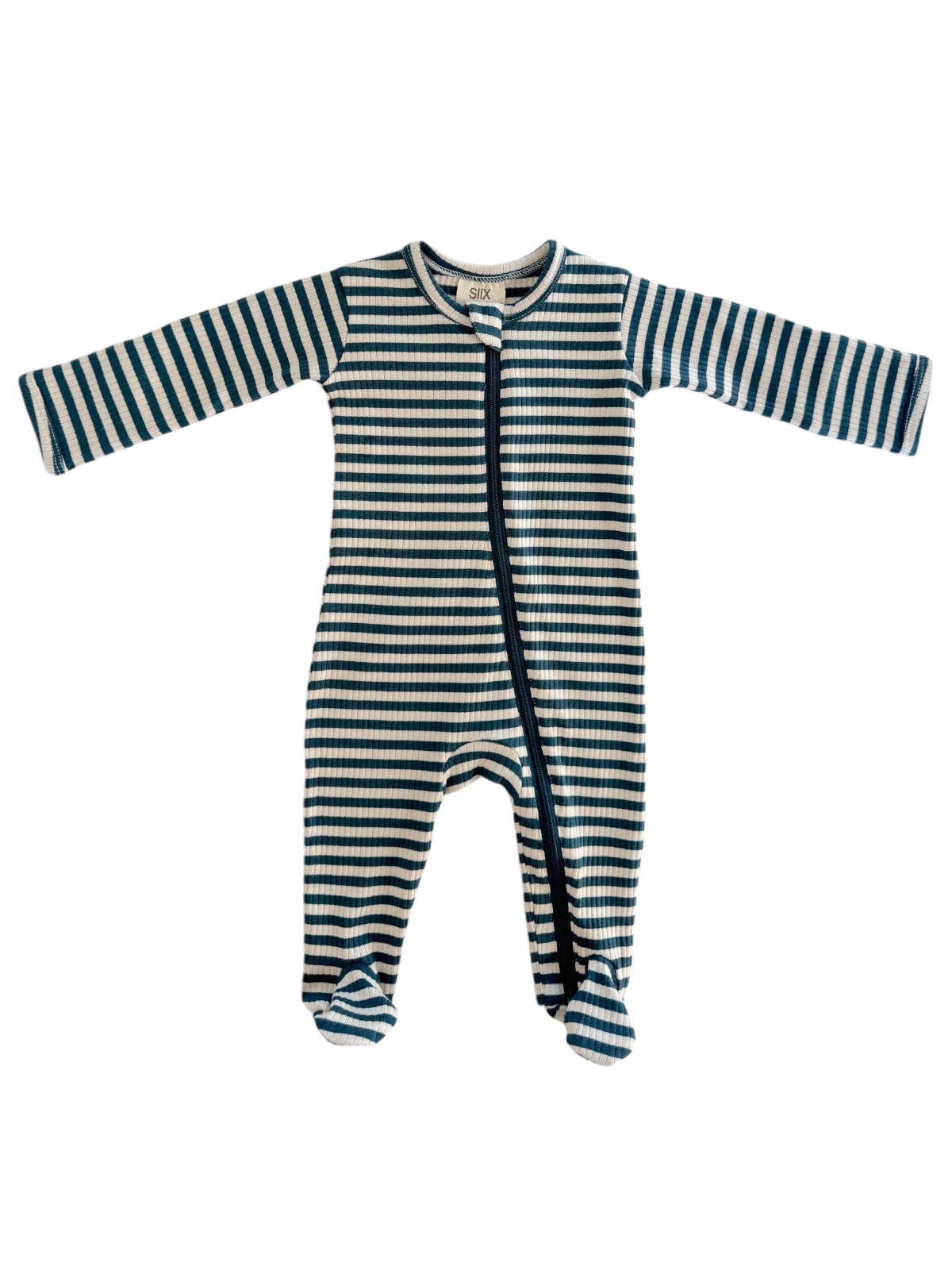 Steel Blue Stripe / Organic Ribbed Zip Footie: NB