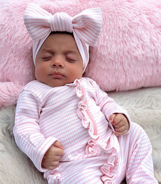 Pink Stripe / Organic Ribbed Frill Zip Footie: 0-3M