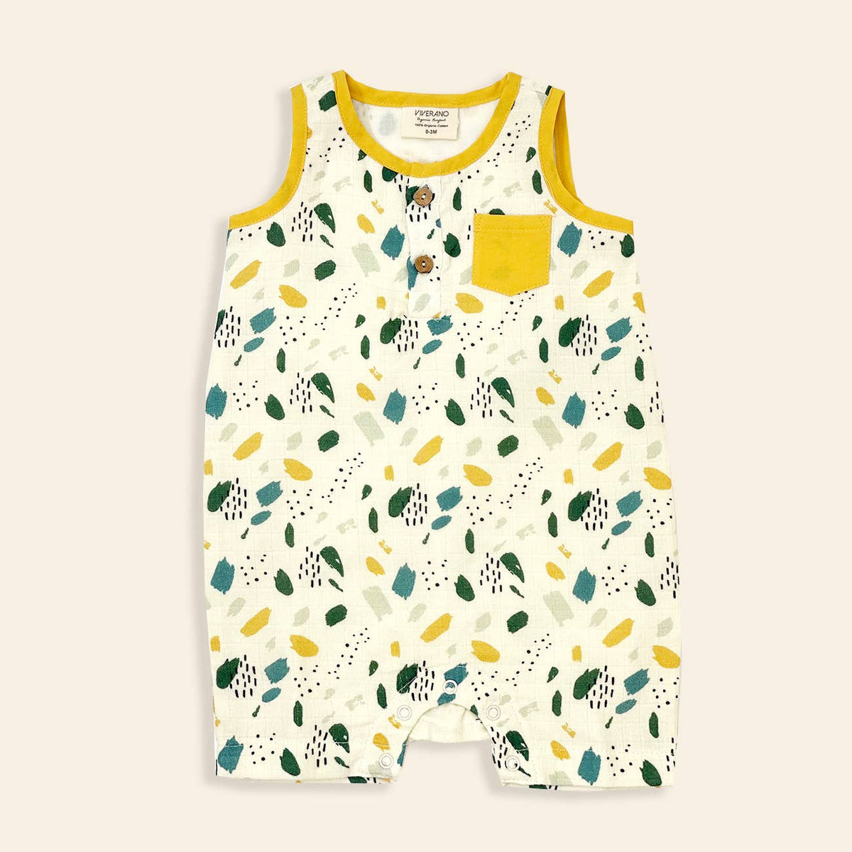 Lightweight sleeveless organic muslin baby romper by Viverano