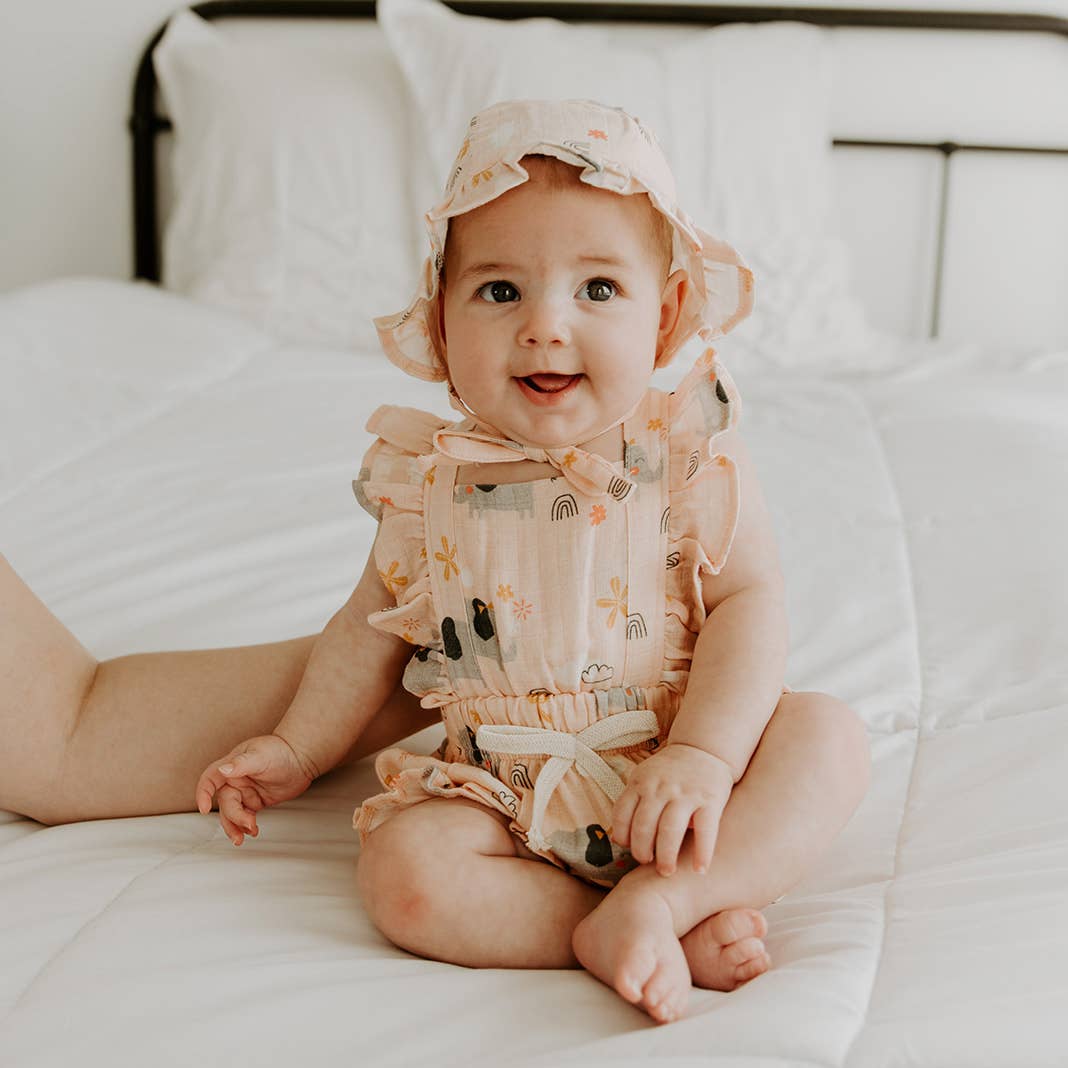 Elephant Ruffled Short Romper with Tie Back