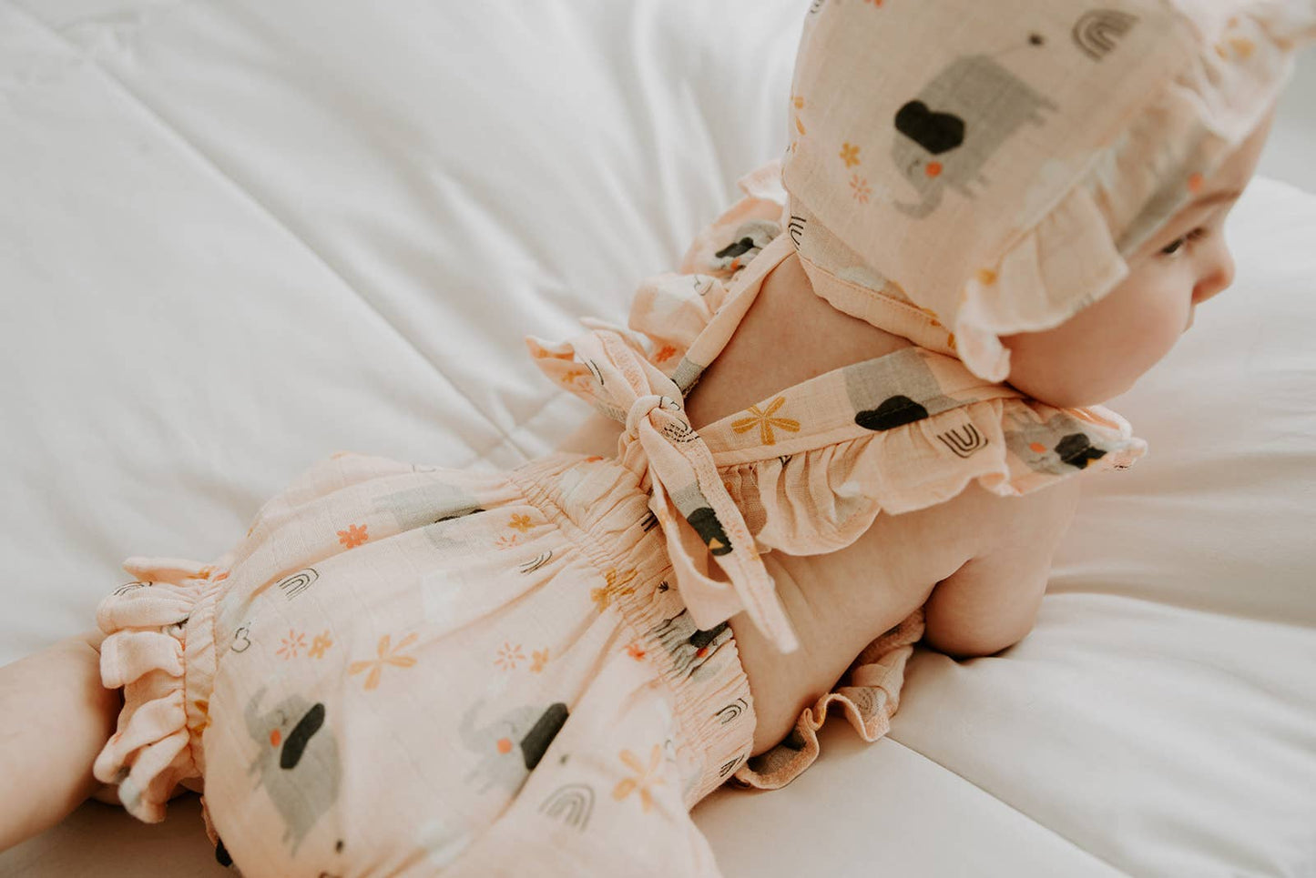 Elephant Ruffled Short Romper with Tie Back
