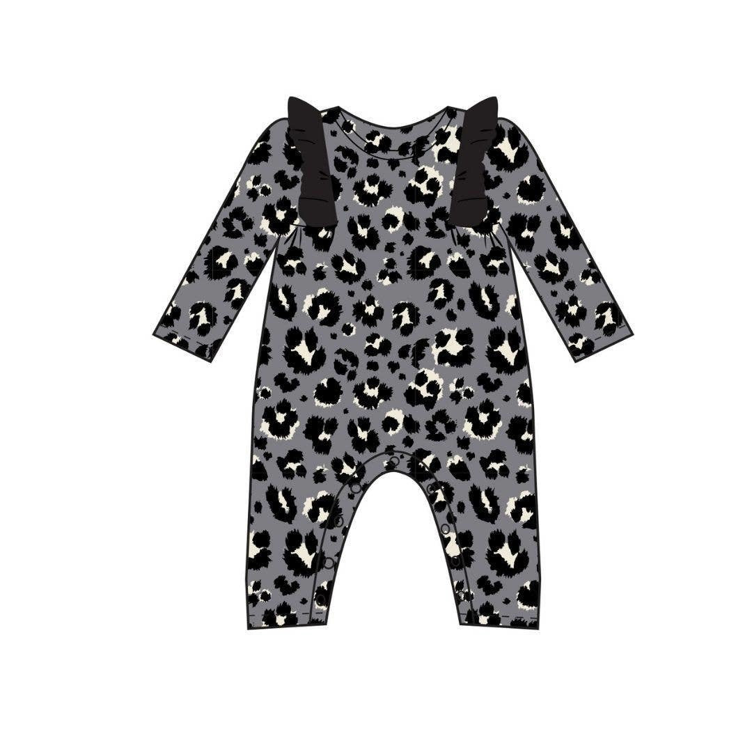 Gray Long Sleeve Leopard Ruffled Romper